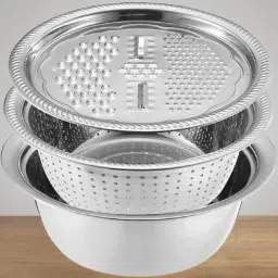 3 in 1 Kitchen Multipurpose Kitchen Stainless Steel Bowl, Drain Basket, Julienne Graters for Vegetable Cutter,Vegetable/Fruit Grater Kitchen Mesh Strainers(Set of 1 Strainer (Steel Pack of 1) Collapsible Strainer-18