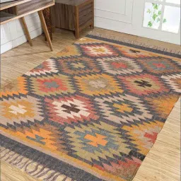 baithak krafts Multicolor Wool & Jute Abstract 72 x 48 Inches Hand Woven Dhurries-picture-12