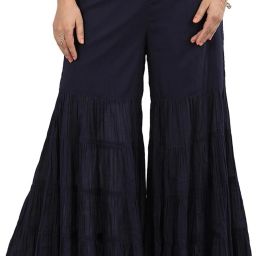 Women Flared Blue Cotton Blend Trousers-image-3