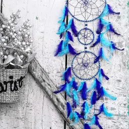 Dream Catchers, Home Decor, Handmade Dreamcatcher for Bedroom, Balcony, Garden, Party, Cafe, Small Ring Beaded Blue & Light Blue Feathers, 17cm Diameter, Length 80cm Iron, Feather Dream Catcher-image-33