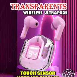 crecro Ultrapod Bluetooth Earbuds Headset Crystal Transparent Design,LED Display W69 Smart Headphones-image-97