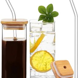 Square Mason Wooden Lid & Straw Glass Mason Jar-image-29