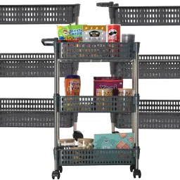 Pack of 3 Multipurpose 3-Layer Storage Revolving Rack with Wheels | Grey Plastic Kitchen Trolley-image-72