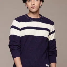 roadster Men Striped Round Neck Purple Sweater-picture-20