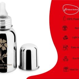 Stainless Steel Feeding Bottle With Laser Flower Design With 1 Extra Silicone Nipple - 200 ml-image-53