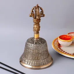 RDK Gold-Toned & Grey Textured Tibetian Pooja Bell-16