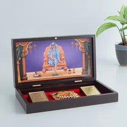 Golden Peacock Brown & Blue 24 CT Gold Foil Wooden Sri Sai Baba Pooja Box-image-11