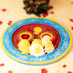 Ekhasa Red & Blue Paisley Painted Wooden Pooja Thali-image-29