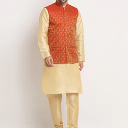 KRAFT INDIA Men Beige Paisley Kurta with Churidar & Nehru Jacket-image-78