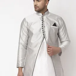 Benstoke Men Grey Embellished Woven Design Silk Blend Nehru Jacket-27