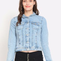 NoBarr Women Blue Washed Striped Crop Denim Jacket-image-11