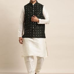 SOJANYA Men Off White Kurta with Churidar & Nehru Jacket-9