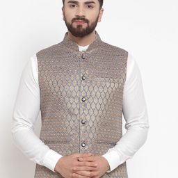 TREEMODA Men Blue & Golden Woven Design Brocade Nehru Jackets-picture-33