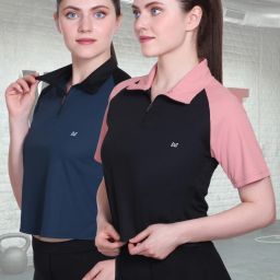 Pack of 2 Women Colorblock Polo Neck Polyester Black, Blue T-Shirt-image-100