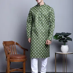 Jompers Ethnic Motifs Printed Mandarin Collar Pure Cotton Straight Kurta & Churidar-image-75