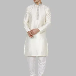 ROYAL KURTA Men Cream Self Design Embroidered Yoke Design Dupion Silk Kurta With Churidar-picture-20