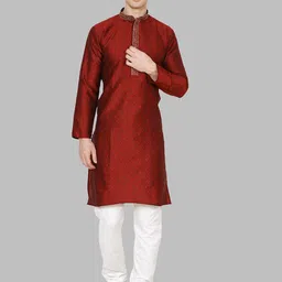 ROYAL KURTA Men Maroon Ethnic Motifs Printed Dupion Silk Kurta with Churidar-picture-8