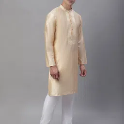 Anouk Cream-Coloured & White Band Collar Mirror Work Kurta With Pyjamas image 1
