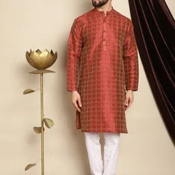Anouk Maroon Mandarin Collar Geometric Woven Design Jacquard Silk Kurta with Pyjamas-16