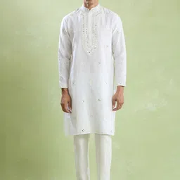 Arihant Rai Sinha Men Ethnic Motifs Embroidered Regular Thread Work Raw Silk Kurta with Pyjamas-picture-13