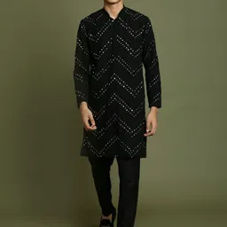 VASTRAMAY Boys Embroidered Mandarin Collar Long Sleeve Regular Mirror Work Kurta Set-picture-33
