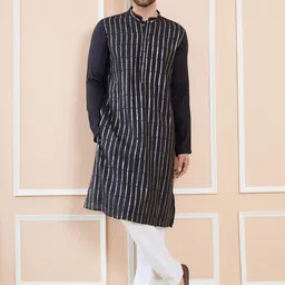 See Designs Striped Embroidered Sequinned Chanderi Silk Straight Kurta With Pyjamas-picture-38
