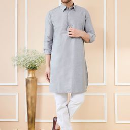 See Designs Shirt Collar Long Sleeves Pure Cotton Pathani Kurta With Pyjamas-image-66
