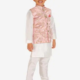 Pro-Ethic STYLE DEVELOPER Boys Cream-Coloured Floral Kurta with Pyjamas & Nehru Jacket image 2