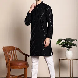 Anouk Black Floral Embroidered Regular Sequined Kurta with Pyjamas image 4