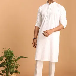 VASTRAMAY Striped Thread Work Mandarin Collar Kurta with Pyjamas-image-93