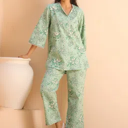 JISORA Green Printed V-Neck Pure Cotton Tunic With Trousers-image-81