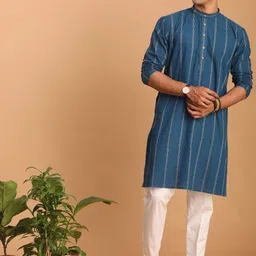 SHVAAS by VASTRAMAY Woven Design Mandarin Collar Pure Cotton Sustainable Kurta With Trousers-image-15