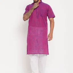 VASTRAMAY Mandarin Collar Pure Cotton Kurta with Pyjamas-picture-31