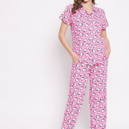 Clovia Women Pink & White Pure Cotton Printed Short Sleeves Night suit-image-62