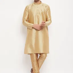 VASTRAMAY Mandarin Collar Straight Silk Blend Kurta with Trousers-image-93