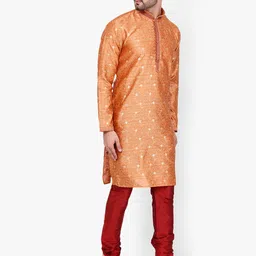 Pro-Ethic STYLE DEVELOPER Men Orange Floral Embroidered Mirror Work Pure Silk Kurta with Churidar-image-62