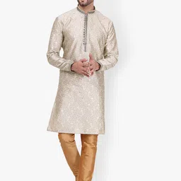 Pro-Ethic STYLE DEVELOPER Men Beige Floral Embroidered Pleated Mirror Work Kurta with Churidar-image-63