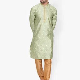 Pro-Ethic STYLE DEVELOPER Men Green Floral Mirror Work Pure Silk Kurta with Pyjamas-image-13