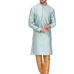 Pro-Ethic STYLE DEVELOPER Men Turquoise Blue Floral Mirror Work Pure Silk Kurta with Churidar-image-61