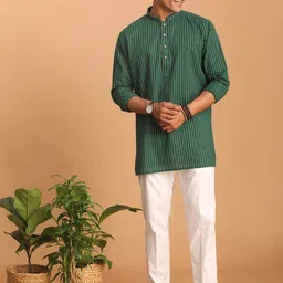 SHVAAS by VASTRAMAY Striped Mandarin Collar Pure Cotton Sustainable Kurta With Pyjamas-image-18
