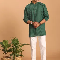 SHVAAS by VASTRAMAY Striped Mandarin Collar Pure Cotton Sustainable Kurta With Trousers-picture-57