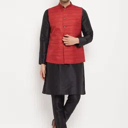 VASTRAMAY Mandarin Collar Straight Kurta with Pyjamas & Nehru Jacket-image-3