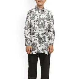 BAESD Infant Boys Floral Printed Shirt Collar Pure Linen Kurta with Pyjamas-picture-29