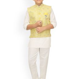 ahhaaaa Boys Yellow Solid Kurti with Pyjamas  Chikan Work Waistcoat-image-29