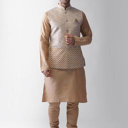 KISAH Men Gold-Toned Solid Regular Kurta with Pyjamas & Jacket-35