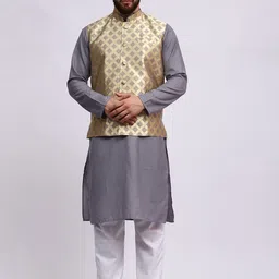 MAG Mandarin Collar Regular Kurta with Pyjamas & Woven Design Nehru Jacket-15