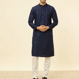 Manyavar Embroidered Regular Sequinned Mandarin Collar Cotton Blend Kurta with Pyjamas-image-0