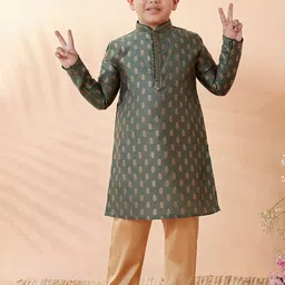 Manyavar Boys Green Ethnic Motifs Printed Kurta with Pyjamas-29