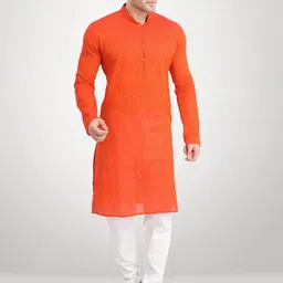 RG DESIGNERS Men Orange & White Kurta with Pyjamas-image-14