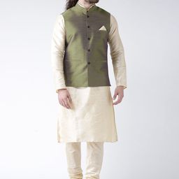 DEYANN Men Green Dupion Silk Kurta with Churidar & Jacket-picture-41